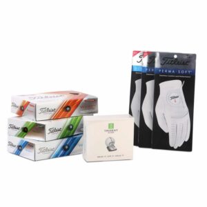 Golfa dāvanu komplekts - Titleist Velocity bumbiņas (3x), Titleist cimdi, Trident Align