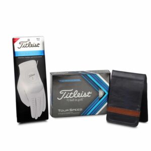 Titleist dāvanu komplekts - Tour Speed bumbiņas, ādas futrālis, Titleist Perma cimdi